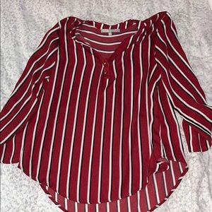 Red and white/black stripped button down blouse M